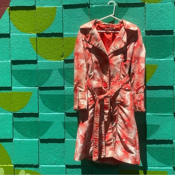 KAFFE clothing red and cream floral piped edge belted trench big button pockets - Picture 4 of 9